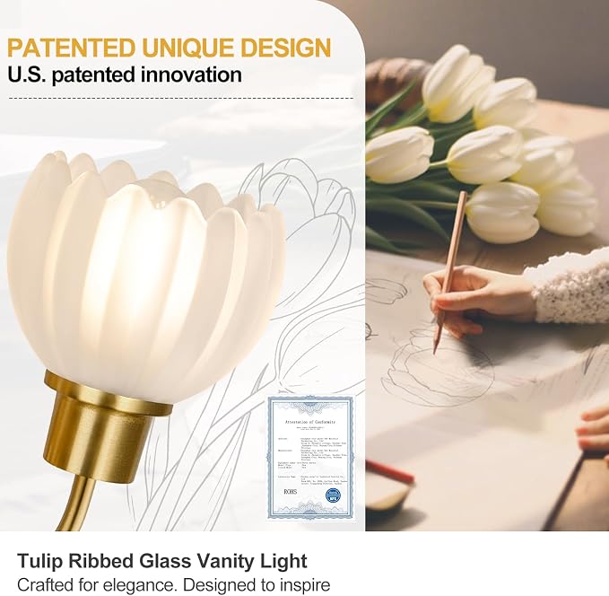2-Light Bathroom Vanity Light, Brushed Gold Bathroom Light Fixtures with Ribbed Frosted Clear Tulip Glass Shades, Vanity Light Fixtures Over Mirror for Bedroom, Living Room, Hallway