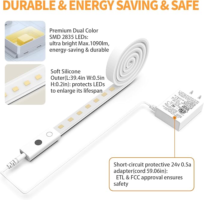 MY BEAUTY LIGHT 80in Smart Under Cabinet Lights, Handwave Sensor Under Counter Lights for Kitchen, 2700K-6500K 1090lm Stick-on Closet Light, Slim Cuttable Plug and Play Kitchen Lamp, 2 Rolls of 40in