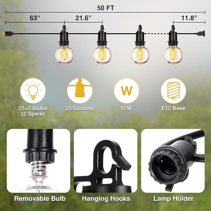 ZJOJO 50FT 26LED Outdoor String Lights, G40 Globe Outdoor Lights | 25 Shatterproof LED Bulbs 2700K,IP65 Waterproof Patio Light for Outside Backyard Cafe Camping Fence