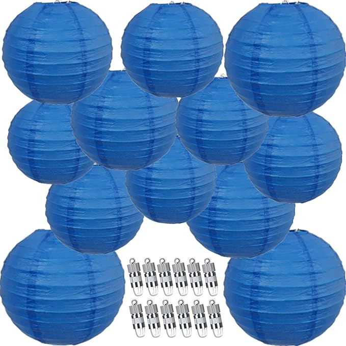 12pcs Blue Paper Lanterns with 12pcs White LED Lights, 6" 8" 10" 12" Round Hanging Chinese/Japanese Ball Lantern for 4th of July Anniversary Birthday Party Decorations
