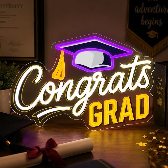 Congrats Grad Neon Sign Dimmable LED Graduation Party Wall Decor | Congrats LED Neon Light with Graduation Cap for Classroom, Dorm, Prom Backdrop, Graduation Party Decorations & Gifts