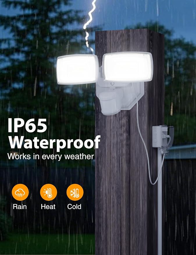 Onforu 32W Plug in Motion Sensor Lights Outdoor, 3200LM Motion Flood Light Dusk to Dawn, IP65 Waterproof Led Security Light Outside, 2 Heads Motion Activated Wall Light for Garage, Porch, Yard - White