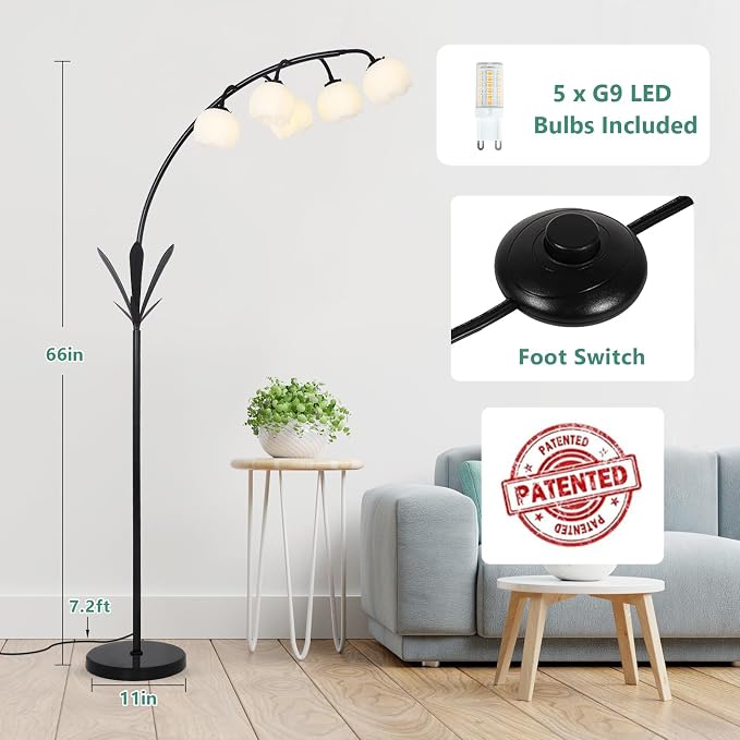 HMVPL Black Floor Lamp for Living Room, Flower Floor Lamp with 5 G9 LED Bulbs, Foot Switch, Arc Standing Lamp with Acrylic Shade,Marble Base, Cute Tall Lamp for Living Room Corner Bedroom Reading Home