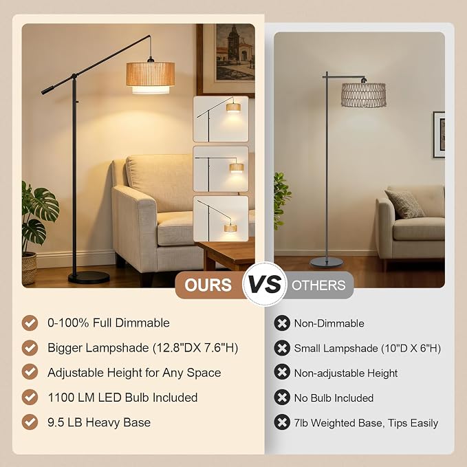 【Upgraded】Boho Dimmable Floor Lamps with Adjustable Swing Arm, 1100 Lumens Bulb Included, Modern Standing Lamp with Rattan & Fabric Shades, Farmhouse Tall Arc Floor Lamp for Living Room Bedroom, Black