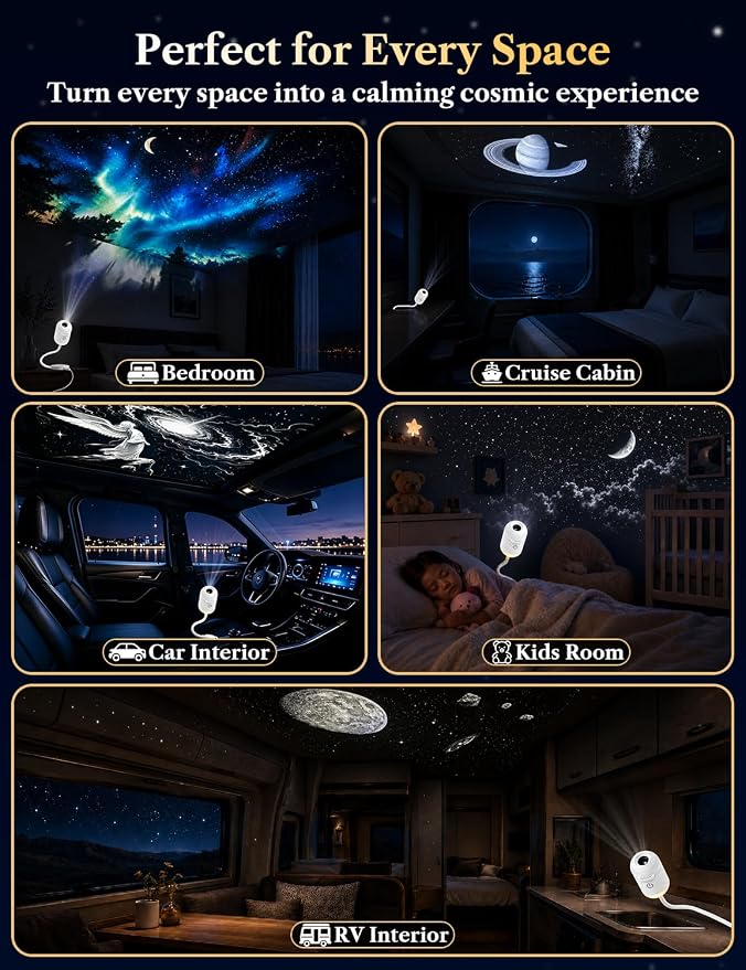 2-in-1 Galaxy Projector Night Light with 5 Projection Films | Stepless dimming, adjustable focus and 360° flexible gooseneck. USB powered for bedrooms, RVs, hotels and cruise cabins.