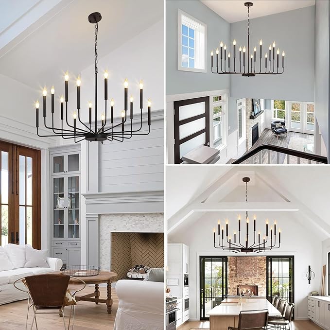 Black Chandelier, 16 Light Farmhouse Chandeliers for Dining Room Lighting Fixtures Hanging, Candle Chandelier Light Fixtures, Industrial Chandeliers for Living Room Kitchen Staircase Foyer
