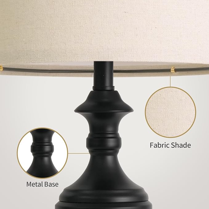 BOBOMOMO Black Lamps Set of 2-20.5" Farmhouse Metal Table Lamps for Living Room, Traditional Bedside Lamps for Nightstand with Linen Shade, Ideal for Small Spaces, Entryway Console Lamps