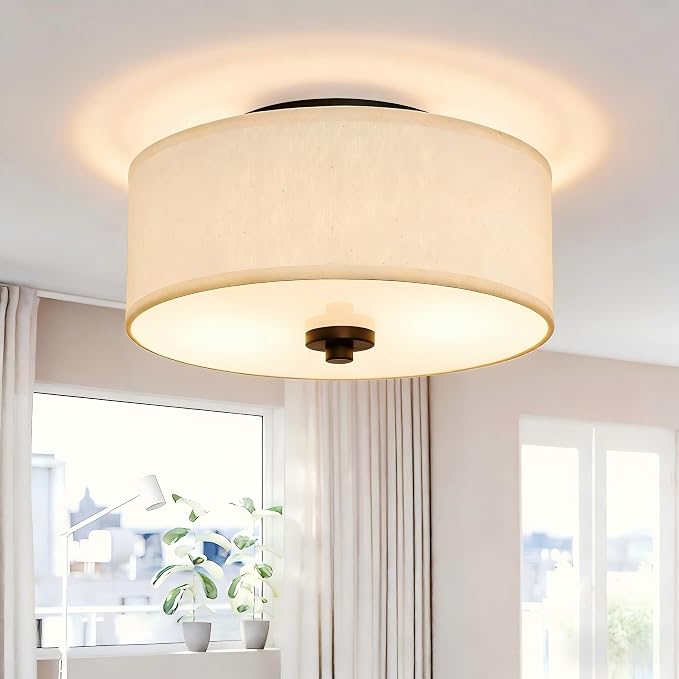 12" Flush Mount Ceiling Light,2-Light,Linen Drum for Small Rooms | Farmhouse Ceiling Light,Beige Fabric Drum Shade,E26 sockets(MAX.60W),hallway,small bedroom,walk-in closet,Bulbs NOT Included