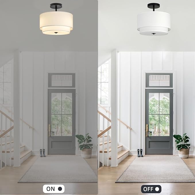 Vexagyle 3-Light Semi Flush Mount Ceiling Light Fixture,12.6inch Modern Close to Ceiling Light with 2-Layer White Drum Fabric Shade,Entryway Light Fixture Ceiling Mount Lamps for Bedroom Dining Room