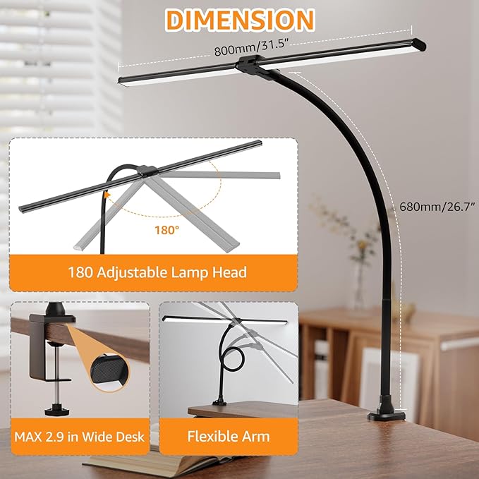 ShineTech LED Desk Lamp, 31.5" Ultra Wide Double Head Architect Light with Clamp, 50 Adjustable Lighting Modes, Eye-Caring Bright Task Lamp for Home Office, Large Monitor, Memory & Auto-Off Timer