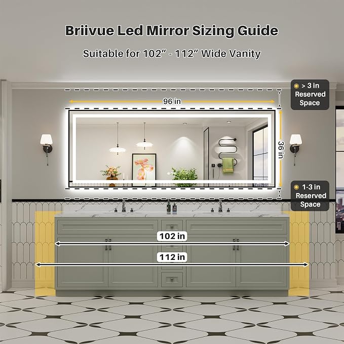 96x36 Inch LED Bathroom Mirror with Black Frame, Backlit & Front Lit | Anti-fog, 3 Color Dimmable, Memory Function, HD Reflection Tempered Glass, ETL Listed, IP54 Waterproof