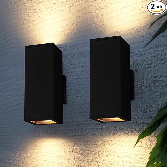 LEONLITE Modern Outdoor Rectangular Wall Lights 12", Porch Light in 2 Lights, Up Down Lights, Matte Black Waterproof Wall Sconce, Aluminum, E26 Base, Exterior Light Fixture Wall Mount, ETL, Pack of 2