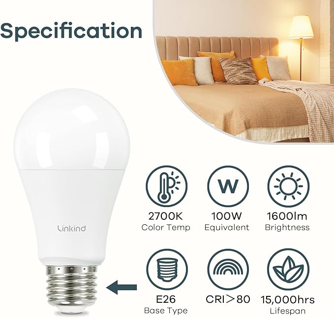 Linkind A19 LED Light Bulb, 100W Equivalent Light Bulbs, 14W 2700K Soft White, 1600 Lumens Non-Dimmable LED Bulb, E26 Standard Base Bulbs for Home Kitchen Bedroom Living Room, 4-Pack