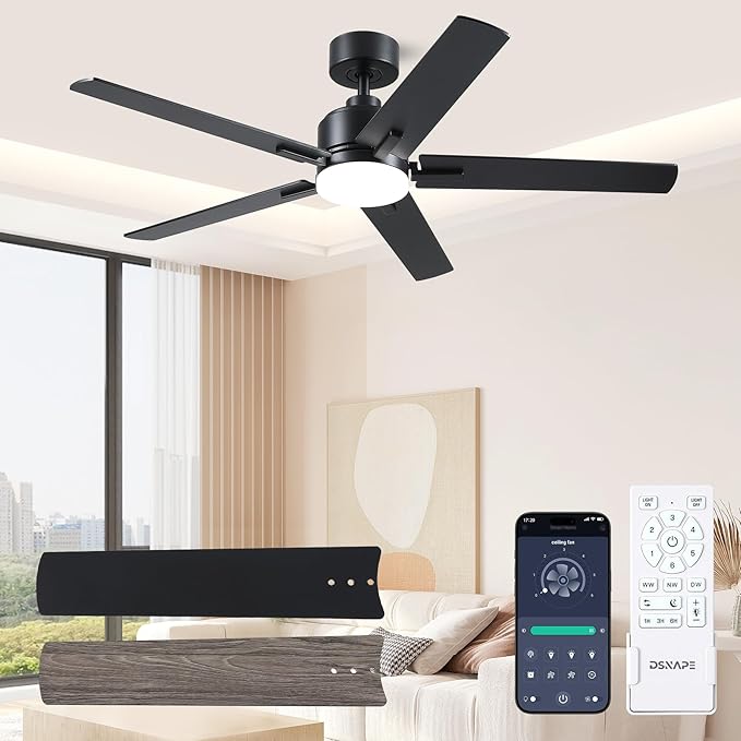 52 Inch Black Ceiling fan with Lights, Ceiling Fan with Lights and Remote/APP Control, Reversible, Dimmable, 3CCT, Quite Fan for Living Room, Bedroom, Indoor Outdoor Use