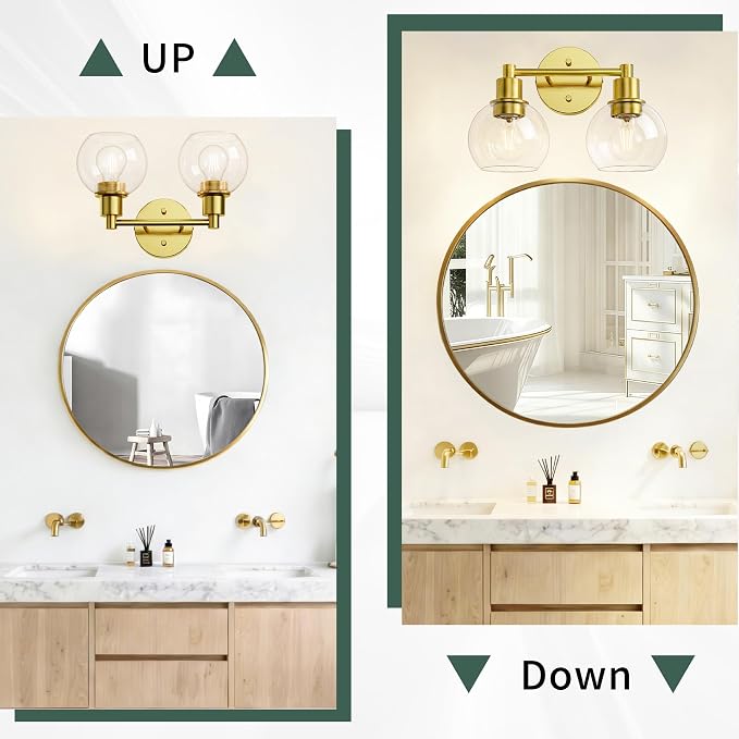 2 Light Bathroom Light Fixtures, Brushed Brass Bathroom Vanity Lights, Modern Vanity Lights 2-Light Globe Bathroom Vanity Lighting Fixture Over Mirror