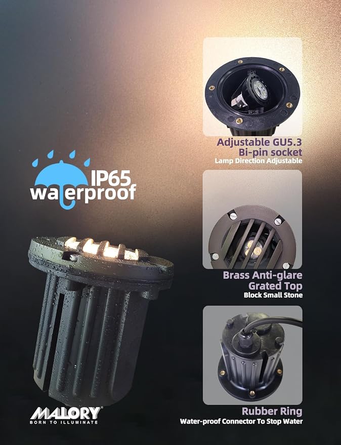 MALORY Low Voltage Landscape Well Lights, (φ126 mm) Brass Top Cover | 12V Outdoor In Ground Lights,Waterproof Uplight,Grated Top, 5W MR16 Bulb ,for Landscaping,Pathway, Driveway, Deck,Garden