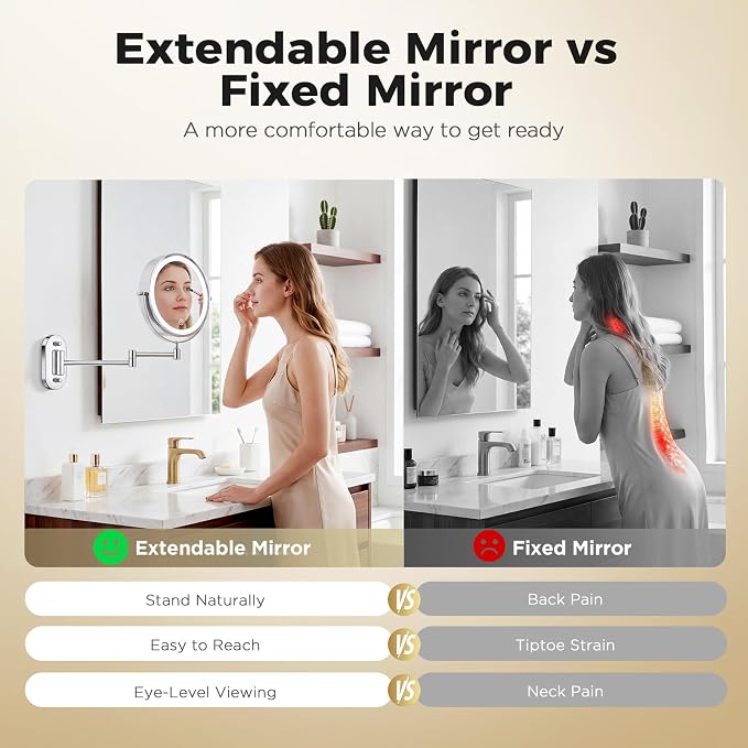 Wall Mounted Makeup Mirror, 8 Inch, 1X/30X, Rechargeable 4000mAh | Double-Sided LED Mirror with Extendable Arm and 360° Swivel for Makeup, Skincare, Shaving, and Bathroom Vanities