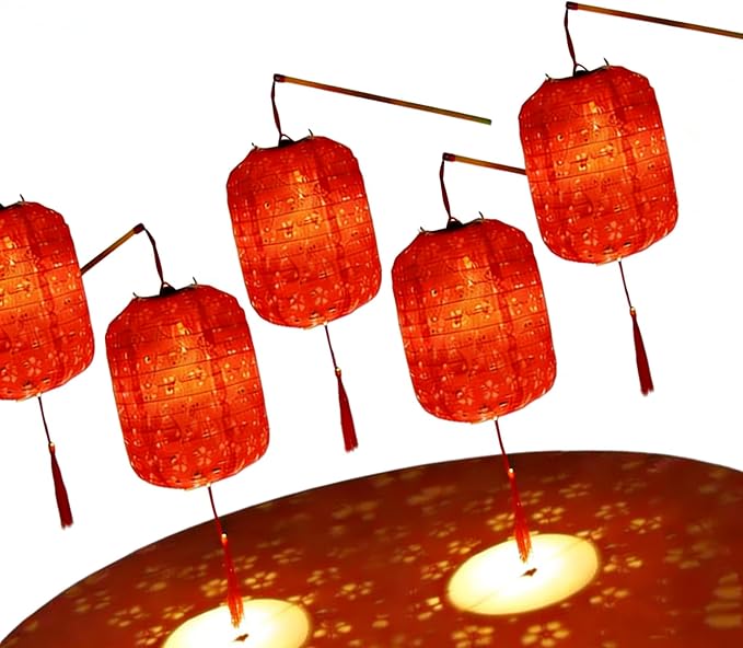 10PCS Paper Lanterns Red Japanese New Year Spring Festival Lantern 6inches with LED Lights, Hanging Valentines Lanterns with Tassels Walking Sticks for Wedding Dinner Birthday Party Decor