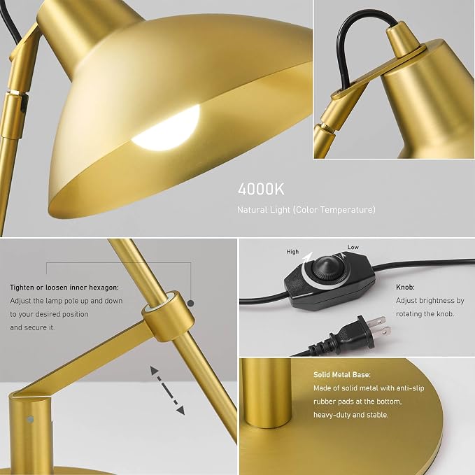 Desk Lamp Modern Industrial 100% Metal Adjustable Table Lamp 24", Natural Light (4000K) with Dimmer, Ideal for Office Bedroom Study Room Living Room Nightstand Bedside Lamps Brass