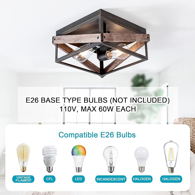 Mayful 2-Light Bronze Farmhouse Flush Mount Ceiling Light Fixturet, Rustic Hallway Light Fixtures with Wood & Metal Design, Industrial Close to Ceiling Light Fixtures for Kitchen Entryway Foyer