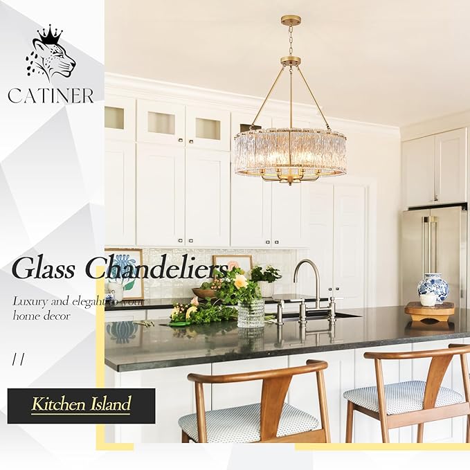 Gold Drum Chandelier 24.4" Modern Crystal Glass Chandeliers Luxury 8-Light Pendant Ceiling Chandelier Lighting for Dining Room Foyer Living Room Bedroom