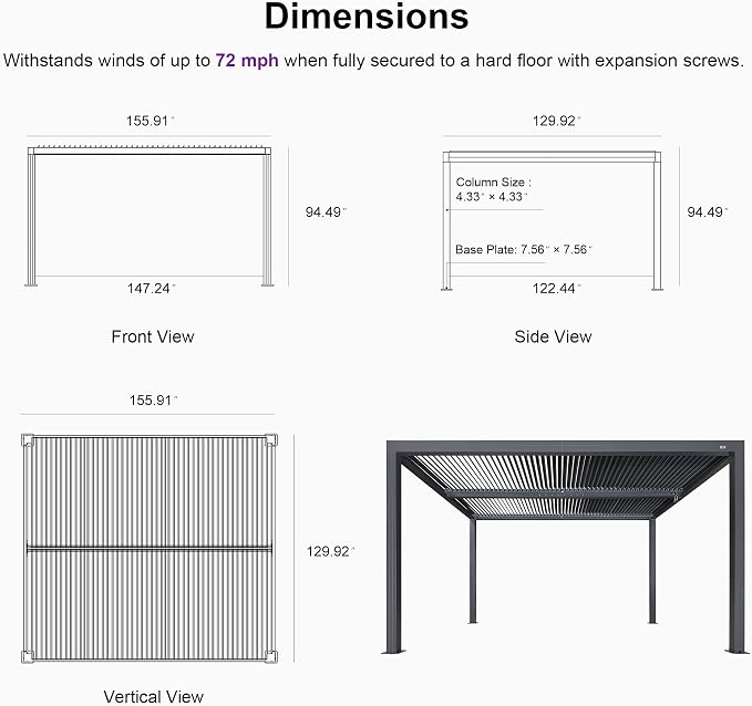 PURPLE LEAF Louvered Pergola 94AS 11' x 13' w/ 1L2W Side Shade Screen Grey | Modern Sleek Design With Adjustable Textilene Sunshade, All-Aluminum Rustproof, Fits 11X13 Spaces, 2 Adjustable Roofs