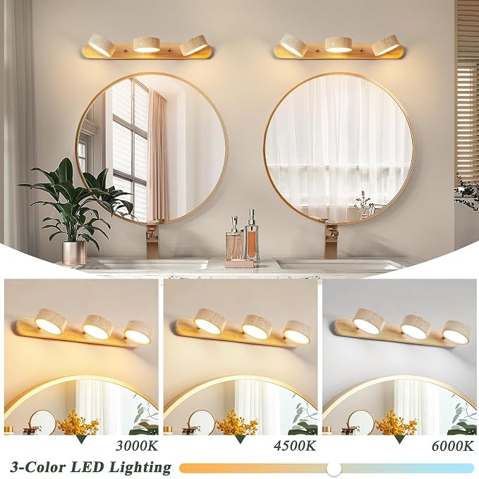 Natural Wood Bathroom Vanity Light with with 3 Travertine Stone Shades, 19.68in LED Bathroom Light with Solid Wood Base, Modern Rustic Vanity Light Fixture for Bathroom Light Over Mirror, Hallway