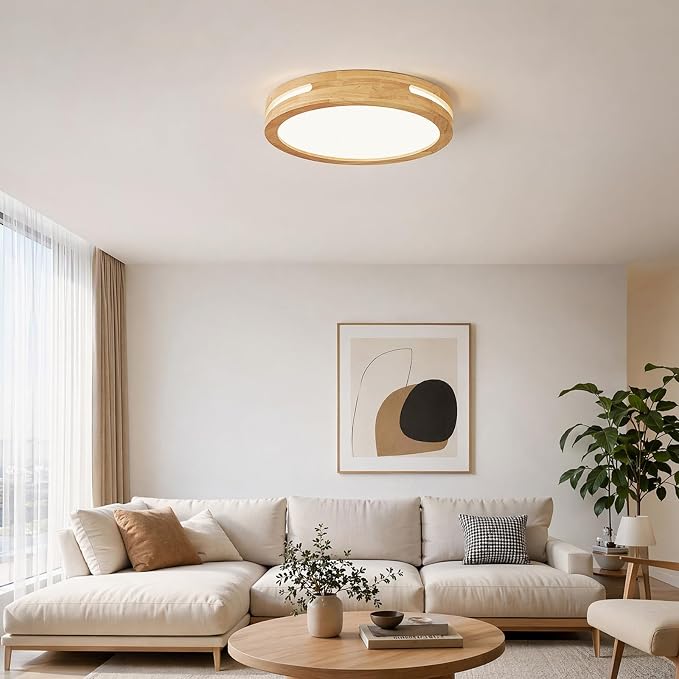 Pevfah Modern Wood Flush Mount Ceiling Light, Round Dimmable Close to Ceiling Lighting Fixtures, Minimalist LED Ceiling Lamp for Bedroom, Kitchen, Hallway, Laundry Room, 2700K-6000K 5CCT, 15.74in