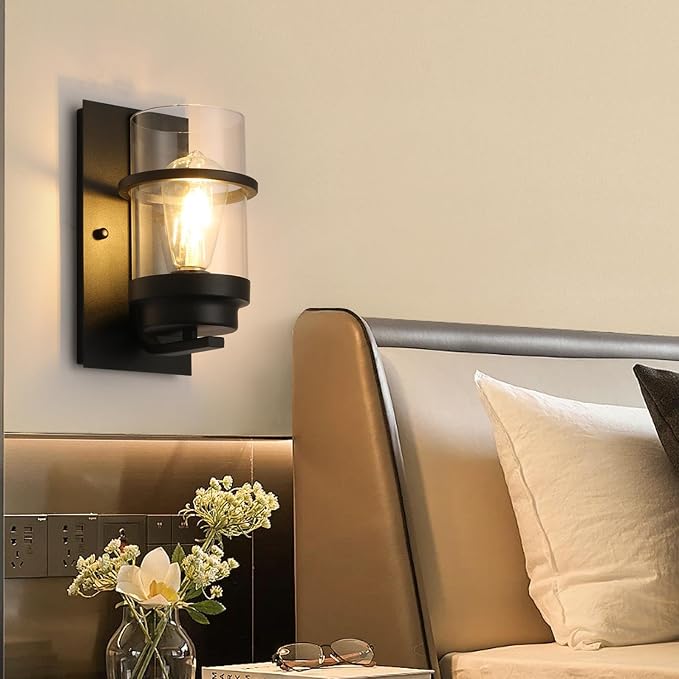 Modern Farmhouse Black Wall Sconce,Glass Wall Light Fixture,E26 | Industrial hardwired indoor fixture,ideal for bedroom,hallway,bathroom and living room,modern style home decor with E26 base.