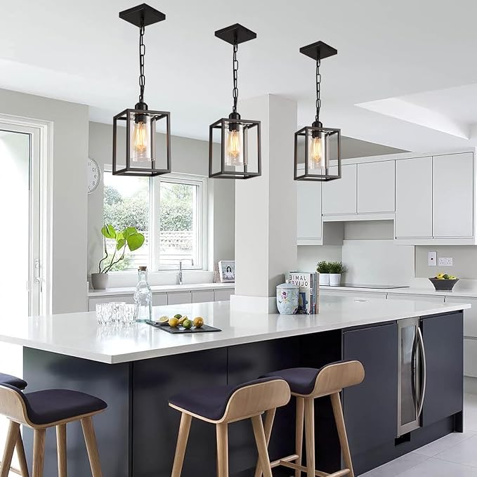 3 Pack Farmhouse Pendant Light,Black Metal Frame Hanging Light Fixture with Clear Glass Shade, Adjustable Chains Industrial Mini Pendant Lighting for Kitchen Island Entryway Porch Foyer