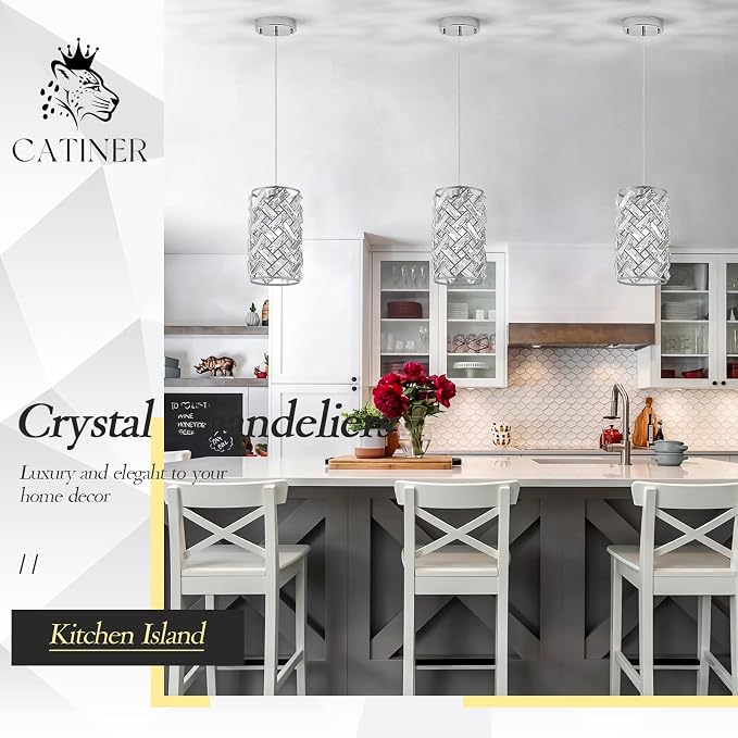 Chrome Crystal Pendant Light, Mini Kitchen Island Hanging Light, E26 | Chrome crystal pendant light with adjustable cord, E26 socket, dimmable, ideal for kitchen islands, dining rooms and bedrooms