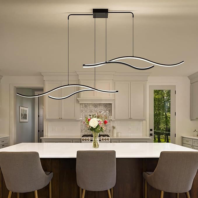Mayful LED Chandelier, Modern Chandelier with Remote Control, Dimmable 3000K-6000K Adjustable Temperature, Height Adjustable Kitchen Island Pendant Light for Dining Room, Living Room Black 64.2 inches