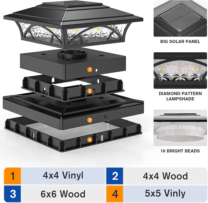 APONUO Solar Post Cap Lights 12 Pack - 4x4 5x5 6x6 Fence Post Lights, Auto On/Off, Waterproof IP64, 2-Mode (Warm/Cool White), Deck Patio Yard Solar Light for Wood & Vinyl Posts, Black