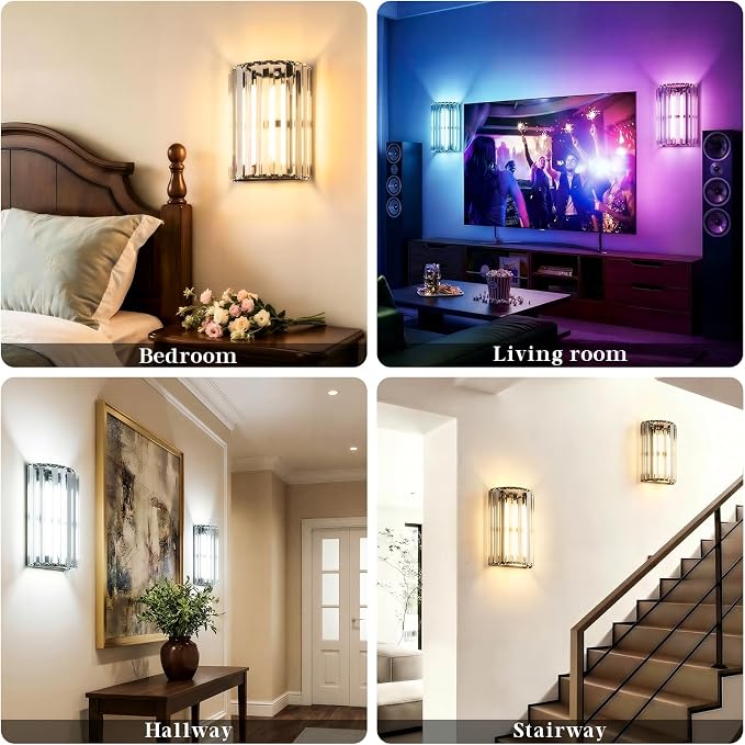 Black Battery Operated Wall Sconces Set of Two, Crystal Wireless Wall Light with Remote, Rechargeable Cordless Wall Lamp 12 RGB and 3 CCT Dimmable Decor for Bedroom Living Room Hallway