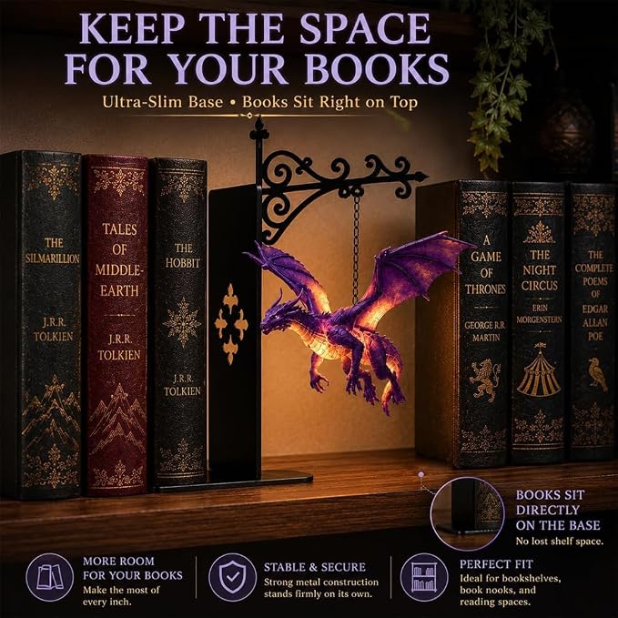 Magical Floating Dragon Bookshelf Lamp, Warm LED Dragon Night Light, Fantasy Gothic Bookend Decor, Reading Nook Ornament, Gift for Book Lovers & Fantasy Fans，White+White