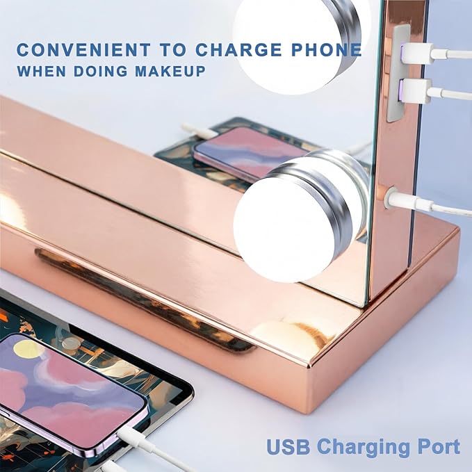 Ratsamee Rose Gold Hollywood Vanity Mirror with Lights, 15 Dimmable Bulbs, 3 Color Lights,Make Up Lighted Mirror, Aluminum Metal Frame, USB Charging Port（23" x 18"）