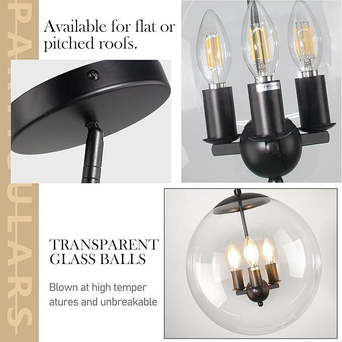 14" Globe Pendant Light 3-Light Black Mid Century Pendant Light Clear Glass Lights Kitchen Island Mid Century Adjustable Hanging Farmhouse Globe Fixtures for Living Room Lobby