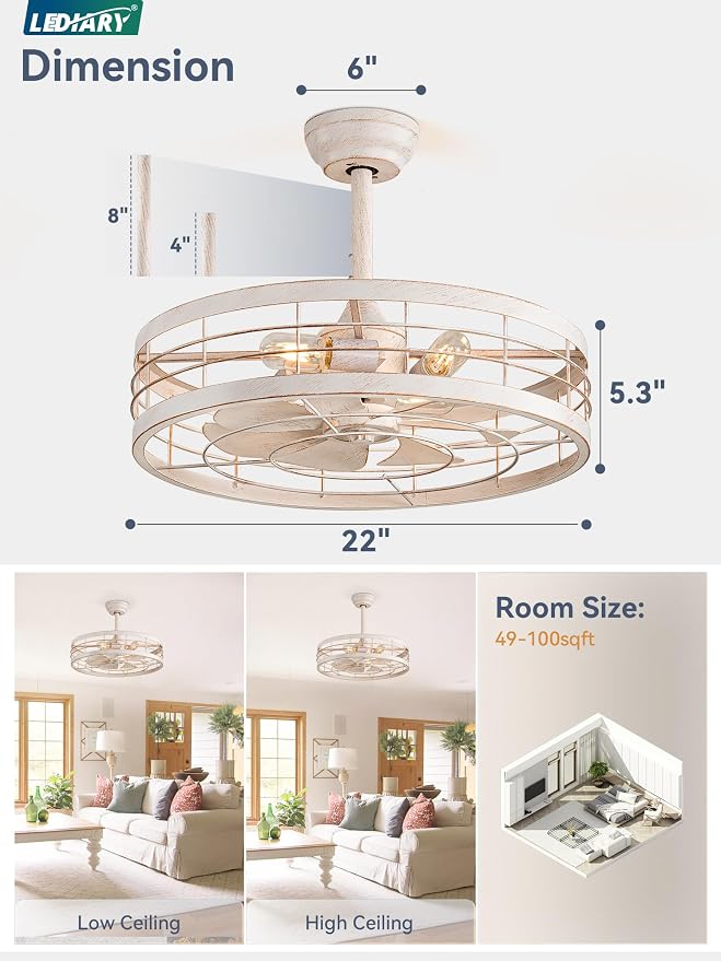 LEDIARY 22 inch Caged Bladeless Ceiling Fan Light with Remote, White Gold | 6 Speed Adjustable,Timing, Quiet & Powerful DC, Small, Farmhouse, Industrial, Enclosed, Bladeless, Bedroom, Kitchen, Downrod