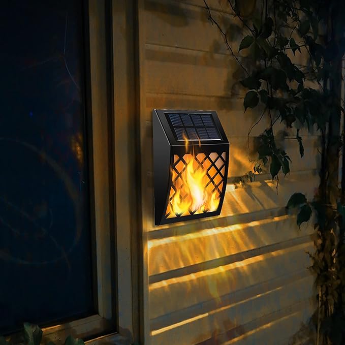 Dynaming Solar Flame Wall Lights Outdoor, 8 Pack Solar Powered Wall Lights, Flickering Flame Auto On/Off Wall Mounted Fence Deck Lights Lattice Decorative for Garage Garden Pathway Patio Porch Yard