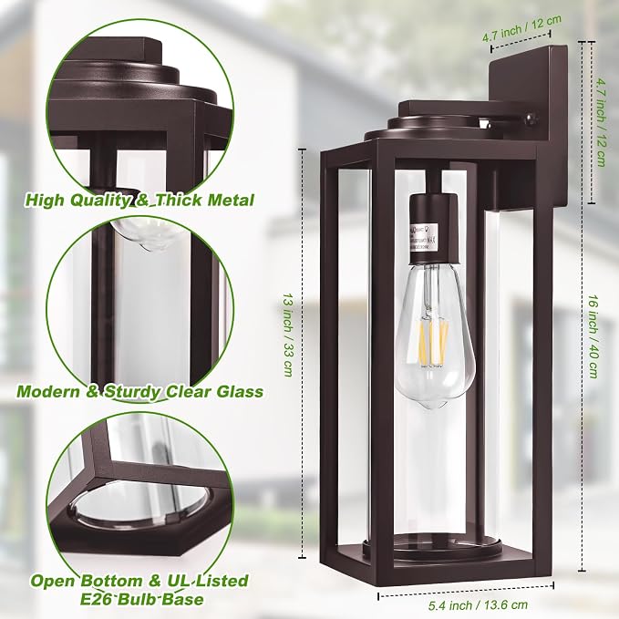 FILIYANO 16in Large Outdoor Wall Lights for House, Oil Rubbed Bronze,2 Pack | Anti-Rust, Waterproof, Brown Exterior Lanterns with Clear Glass, Modern Farmhouse Sconces for Garage, Porch, Front Door
