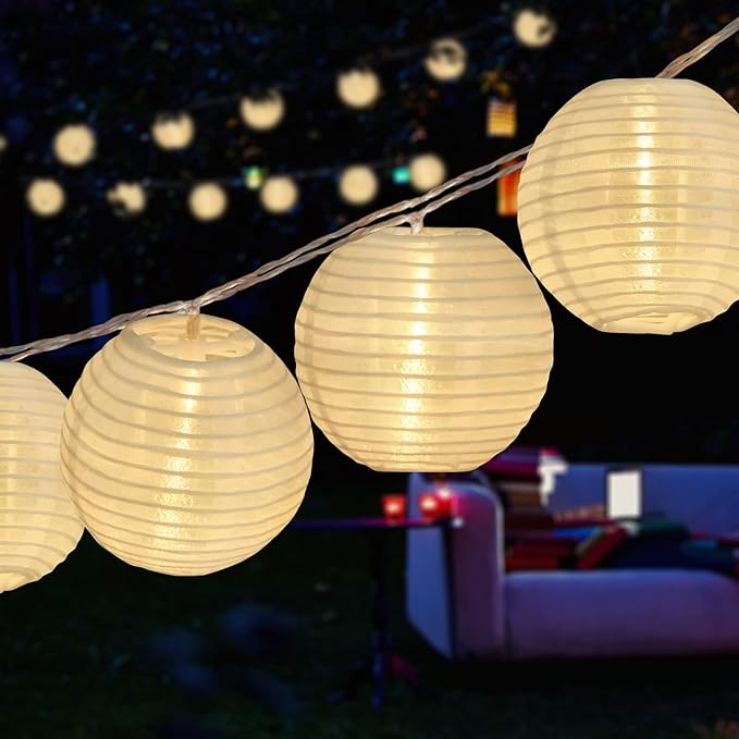 RJZZ Lantern String Lights White Lantern Lights 9.4Ft Nylon Lanterns with Lights Battery Operated 10 Count String Lights Indoor Outdoor Hanging Lights for Bedroom, Nursery, Patio, Party, Wedding