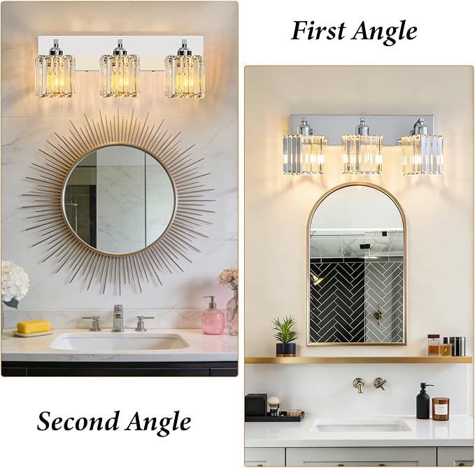 Brushed Chrome Crystal Bathroom Vanity Light, 3-Light Modern Bathroom Lighting Fixtures Over Mirror,Chrome Wall Sconce Light Fixtures with Square Shade