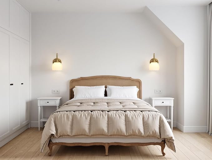 Phansthy Vintage Brass Boho Wall Sconces, Hardwired Wall Lights with Tulip Glass Lampshade, Brass Vanity Lamp Modern Wall Lighting Fixtures for Bedroom, Living Room, Hallway (Antique + White Shade)
