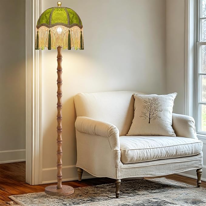 ILLMTW Vintage Floor Lamp for Living Room,Bedroom,Dimmable Standing Lamp with Remote,Green Mid Century Gold Tall Lamp Boho Retro Floor Light Wood Fringe Tassel Flower Unique Tiffany Victorian Decor