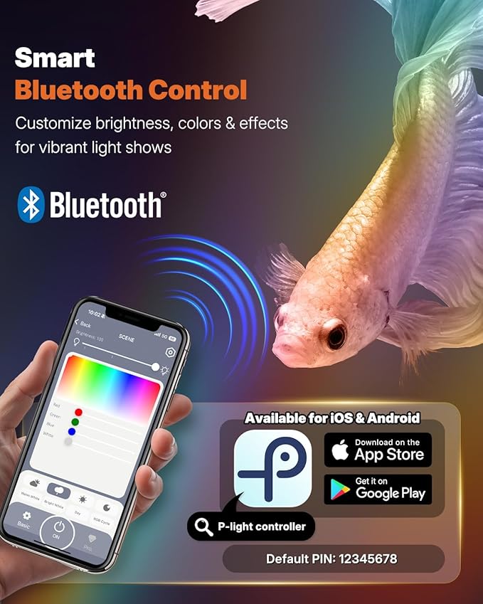 Pawfly Aquarium Light with Bluetooth for Plants, 5W 8 inch Full Spectrum Fish Tank Light for 8-15 inch Fish Tanks, Submersible LED Lights with App Control, Timer Modes & Adjustable Brightness