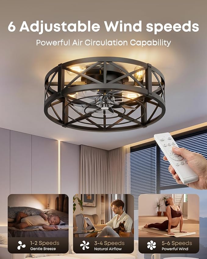 Caged Ceiling Fan with Light and Remote, 20" Low Profile Flush Mount Ceiling Fans with Light, 6 Speed, Timing, Reversible DC Motor, Small Farmhouse Fan Lights for Bedroon Kitchen Living Dining Room