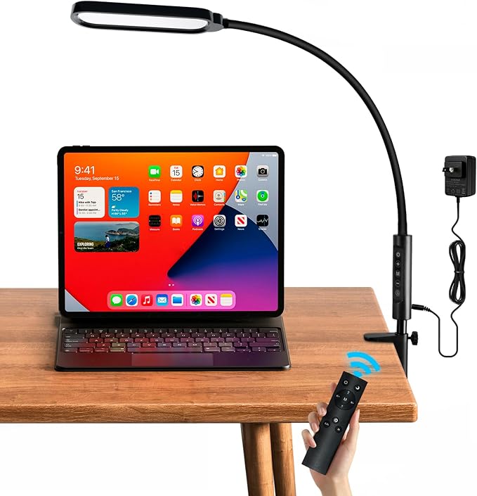LUJOLUMIN 18W LED Clamp on Lamp with Remote Control and US Adapter | Metal Super Bright 3000LM Task Light, CRI 95, 3 Colors, for Office Desk Reading