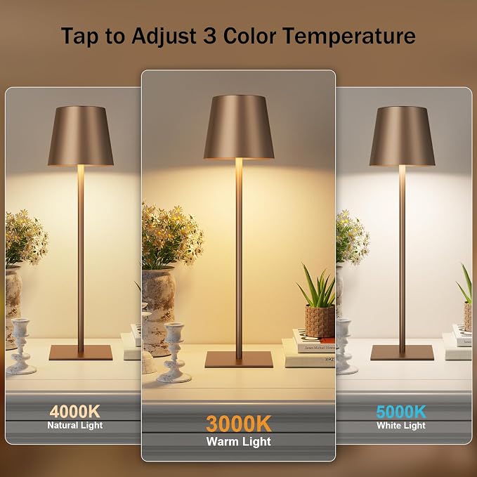 Kakanuo Brown Cordless Rechargeable Table Lamp, 2 Pack Portable Desk Lamp with 5000mAh Battery, Touch Control Stepless Dimming, for Dining, Outdoor Camping, Coffee Shop
