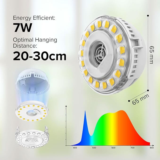 7W Small Grow Light for Indoor Plants with Timer and Dimming | Timer supports 3-, 6-, or 12-hour cycles,full-spectrum light for indoor plant use.