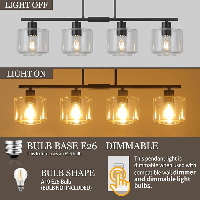 4-Light Kitchen Island Lighting, Modern Black Linear Dining Room Chandelier Light Fixtures with Clear Glass and Chain, Farmhouse Hanging Lights for Kitchen Island Dining Room, OS-YQ8153-4ISBKC